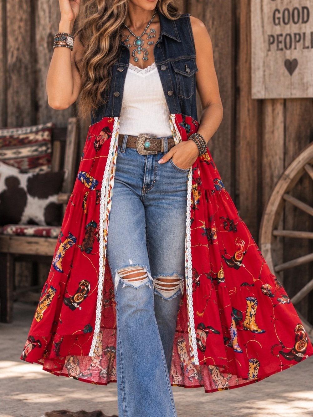 Lily Jean Threads Upcycle Denim & Red Western Print Vest